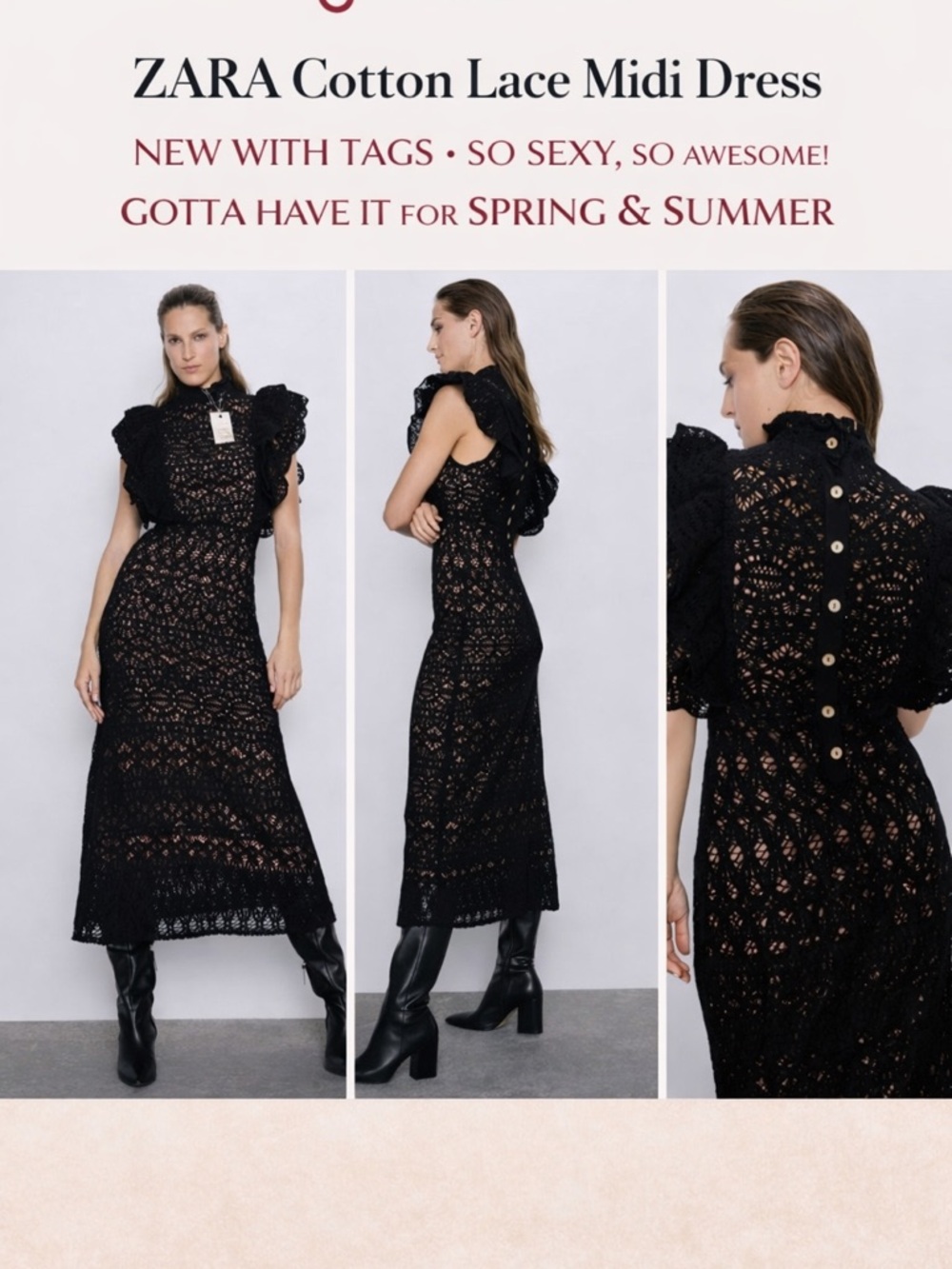 SO DAMN SEXY! NWT Zara Black Lace Midi Dress with Ruffle Shoulders